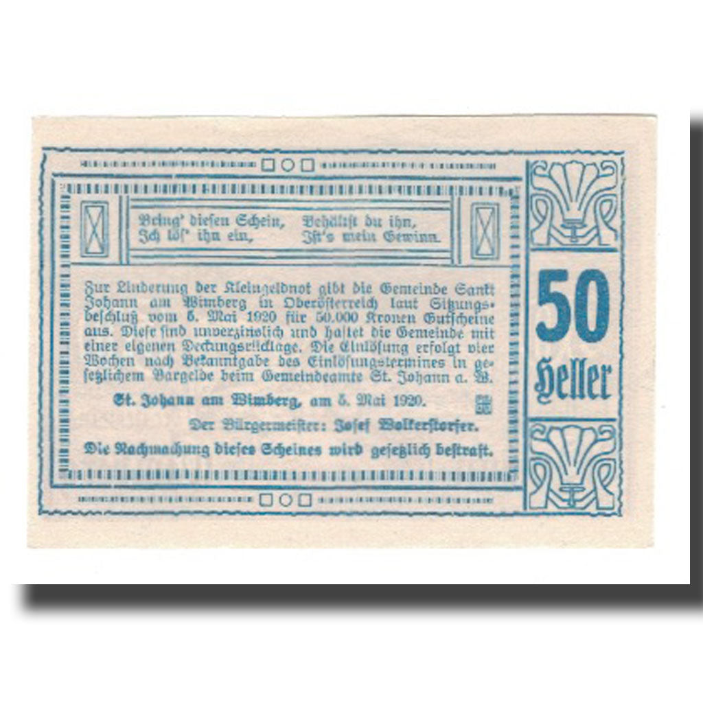 Banknote, Austria, St. Johann Am Wimberg O.Ö. Gemeinde, 50 Heller, texte 1
