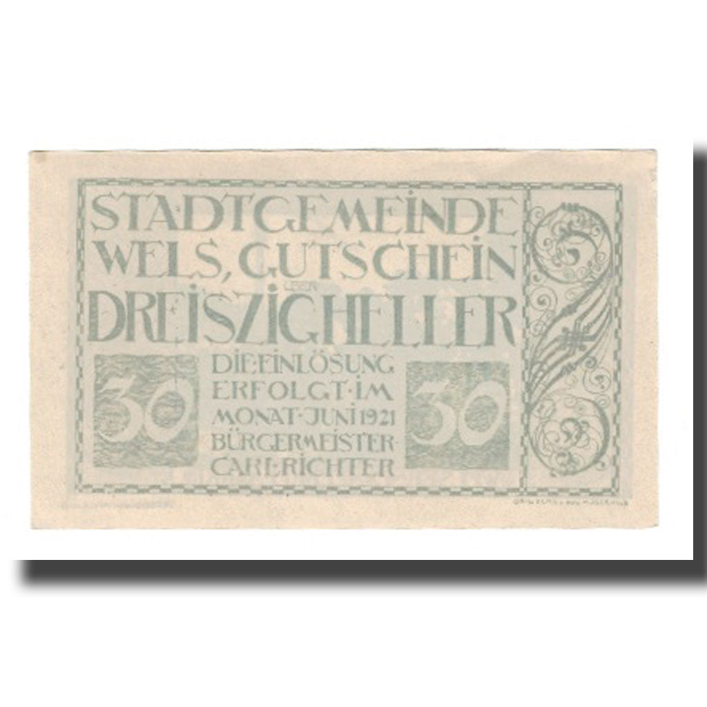 Banknot, Austria, Wels O.Ö. Stadtgemeinde, 30 Heller, personnage 1, 1921