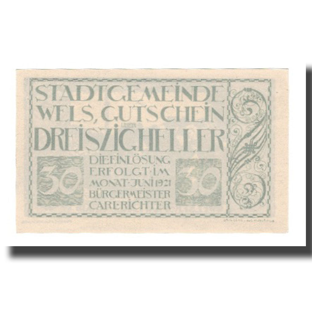 Banknot, Austria, Wels O.Ö. Stadtgemeinde, 30 Heller, personnage 3, 1921