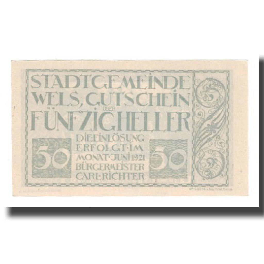 Banknot, Austria, Wels O.Ö. Stadtgemeinde, 50 Heller, personnage, 1921