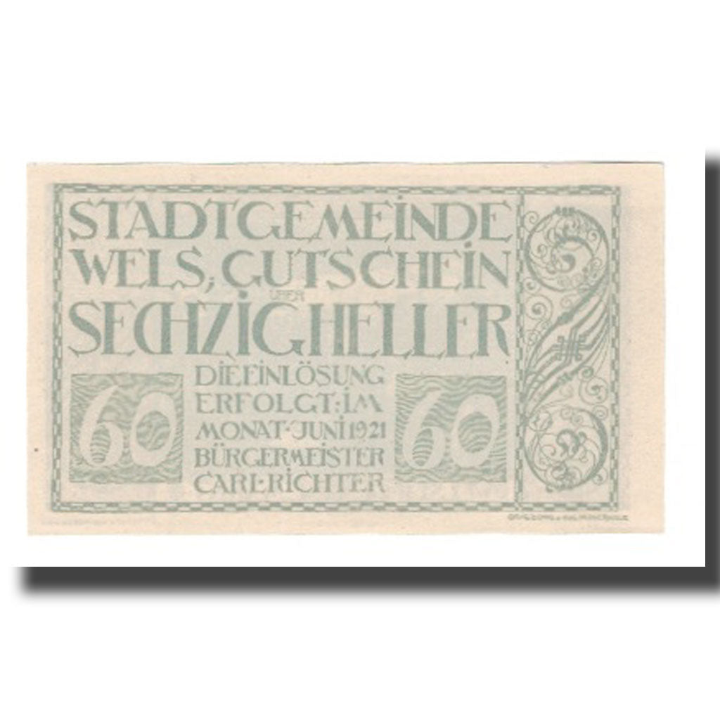 Geldschein, Österreich, Wels O.Ö. Stadtgemeinde, 60 Heller, personnage, 1921