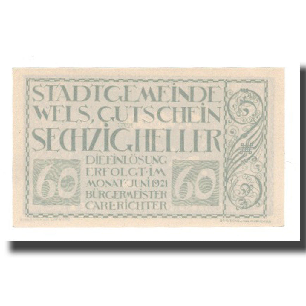 Banknot, Austria, Wels O.Ö. Stadtgemeinde, 60 Heller, personnage 1, 1921
