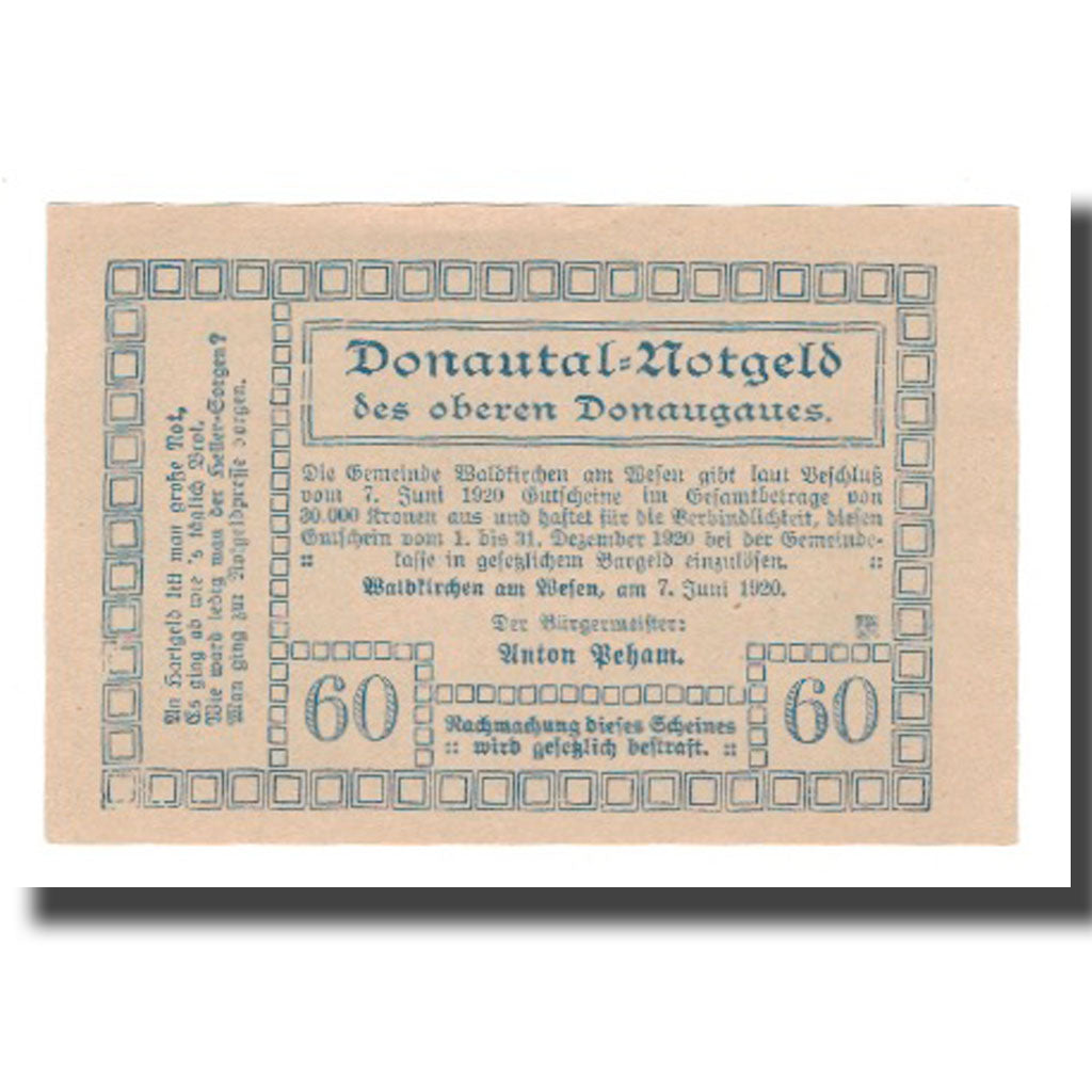 Banknote, Austria, Waldkirchen Am Wesen O.Ö. Gemeinde, 60 Heller, Texte, 1920