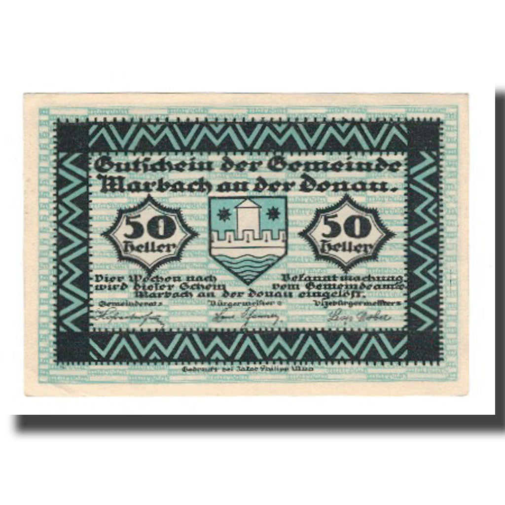 Banknote, Austria, Marbach an der Donau N.Ö. Gemeinde, 50 Heller, paysage