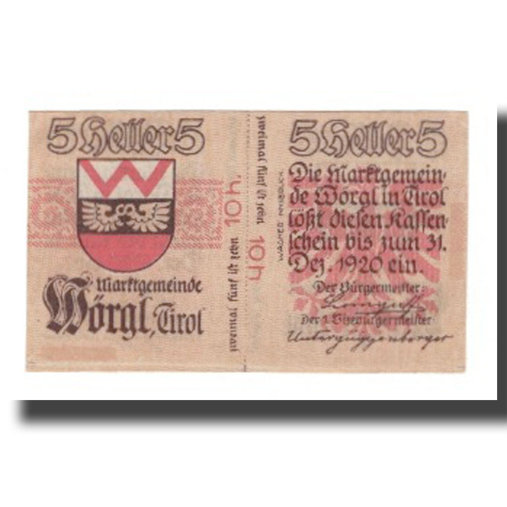 Banknote, Austria, Wörgl Tirol Marktgemeinde, 5 Heller, Blason, 1920