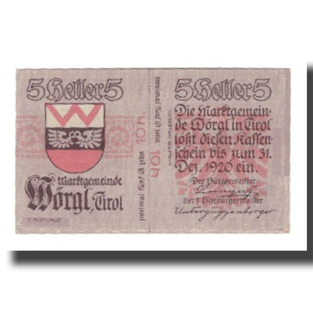 Banknote, Austria, Wörgl Tirol Marktgemeinde, 5 Heller, Blason 2, 1920