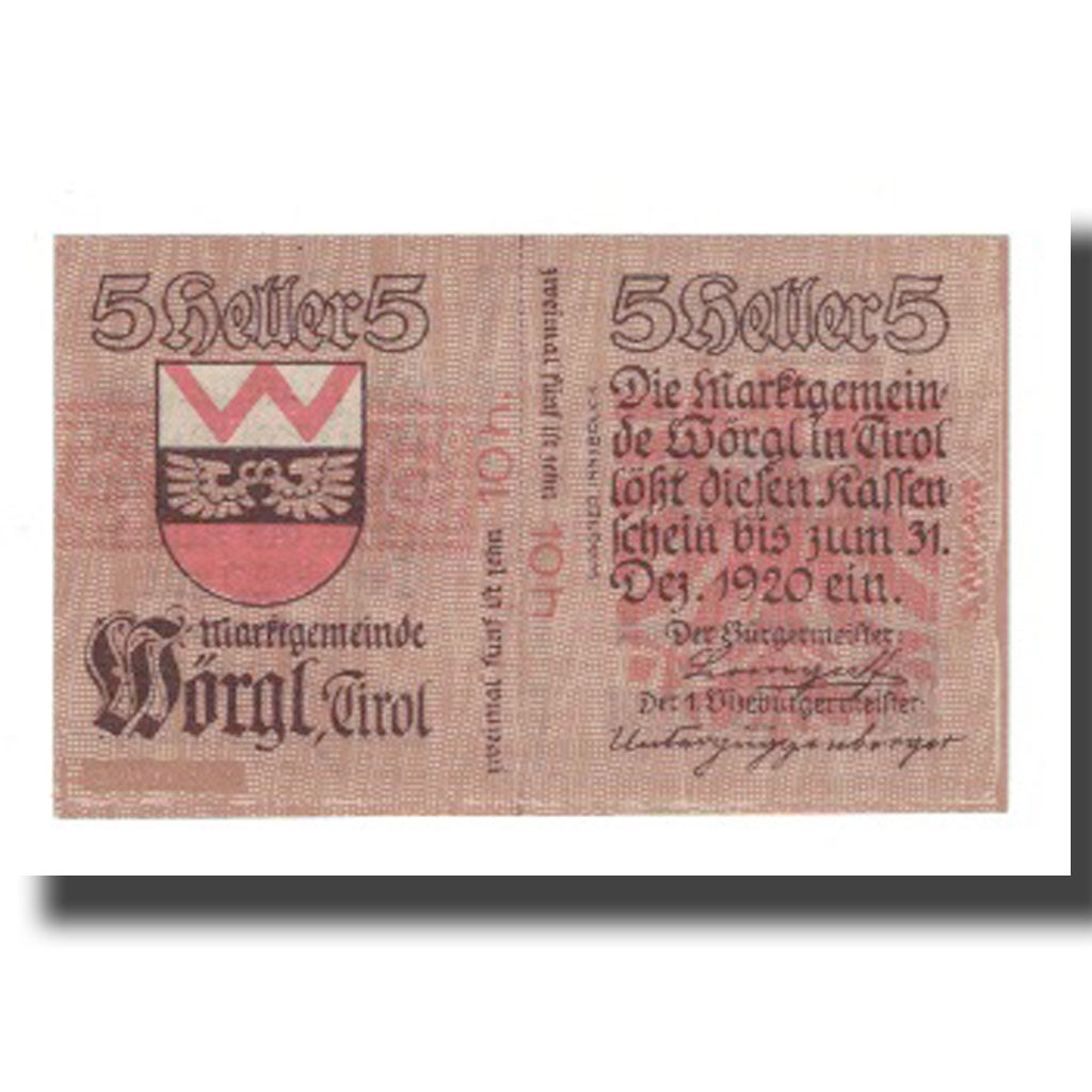 Banknote, Austria, Wörgl Tirol Marktgemeinde, 5 Heller, Blason 3, 1920