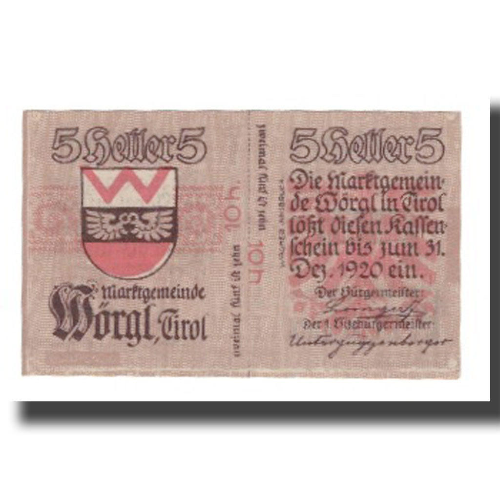 Banknote, Austria, Wörgl Tirol Marktgemeinde, 5 Heller, Blason 3, 1920