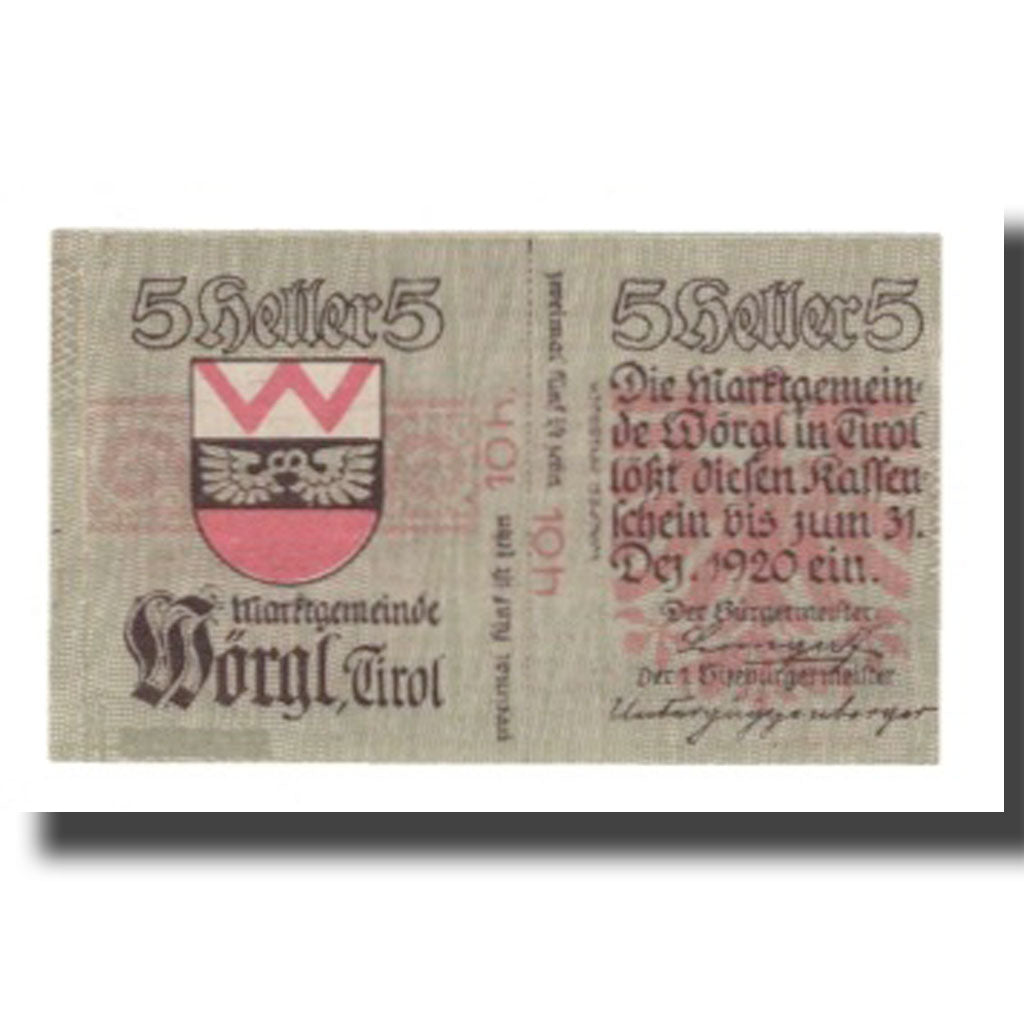 Banknote, Austria, Wörgl Tirol Marktgemeinde, 5 Heller, Blason 5, 1920
