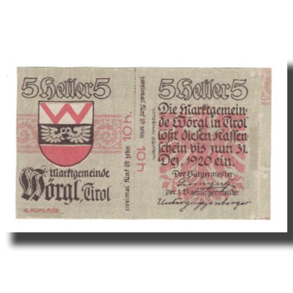 Banknote, Austria, Wörgl Tirol Marktgemeinde, 5 Heller, Blason 5, 1920