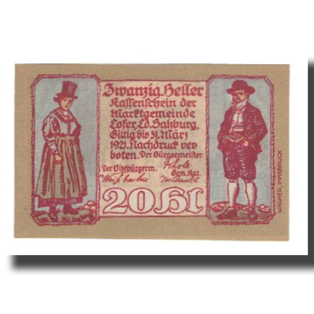 Banknote, Austria, Lofer Sbg. Marktgemeinde, 20 Heller, Monument, 1921
