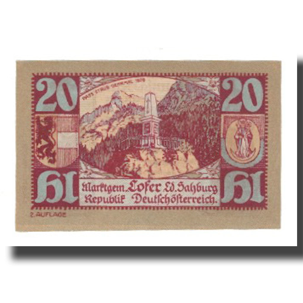 Banknote, Austria, Lofer Sbg. Marktgemeinde, 20 Heller, Monument, 1921