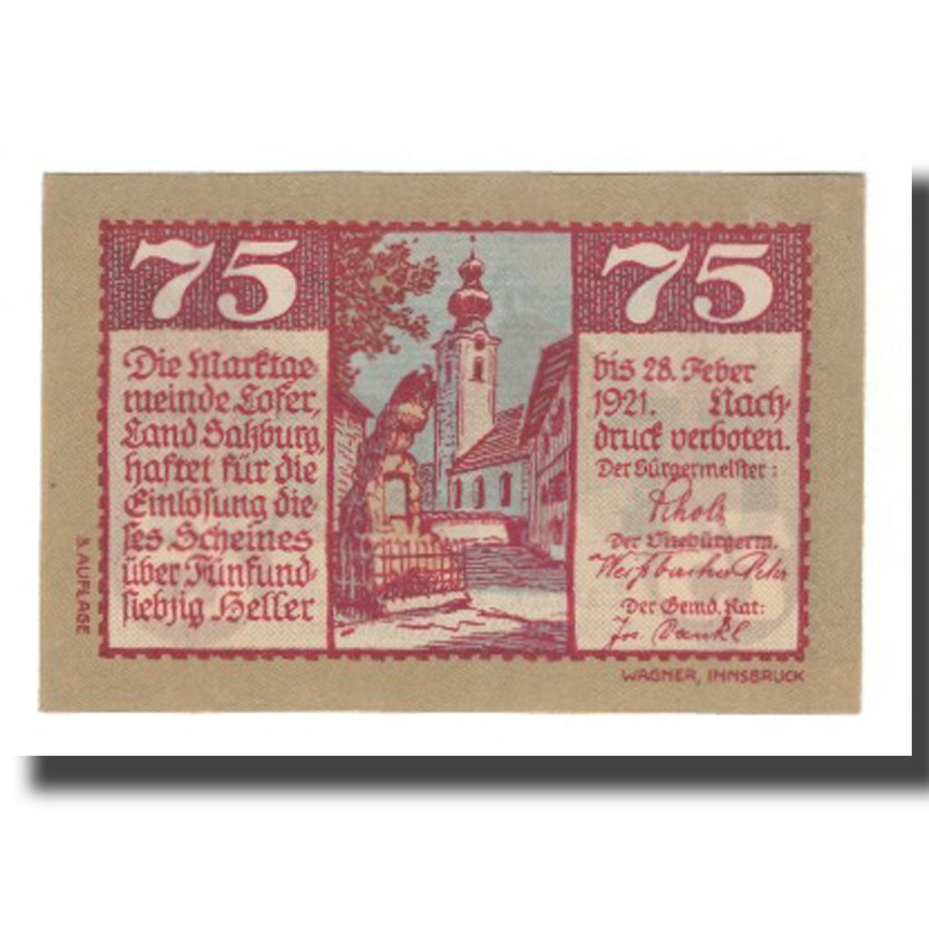 Banknote, Austria, Lofer Sbg. Marktgemeinde, 75 Heller, paysage 1, 1921