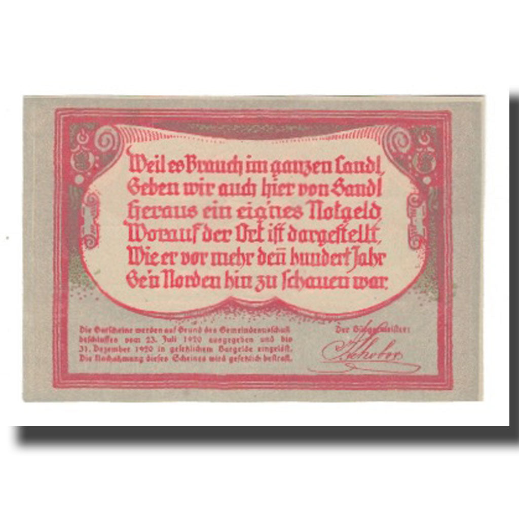 Banknote, Austria, Sandl O.Ö. Gemeinde, 50 Heller, paysage, 1920, 1920-12-31