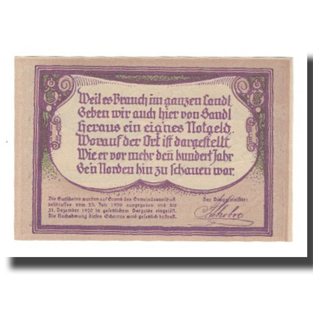 Banknote, Austria, Sandl O.Ö. Gemeinde, 75 Heller, paysage, 1920, 1920-12-31