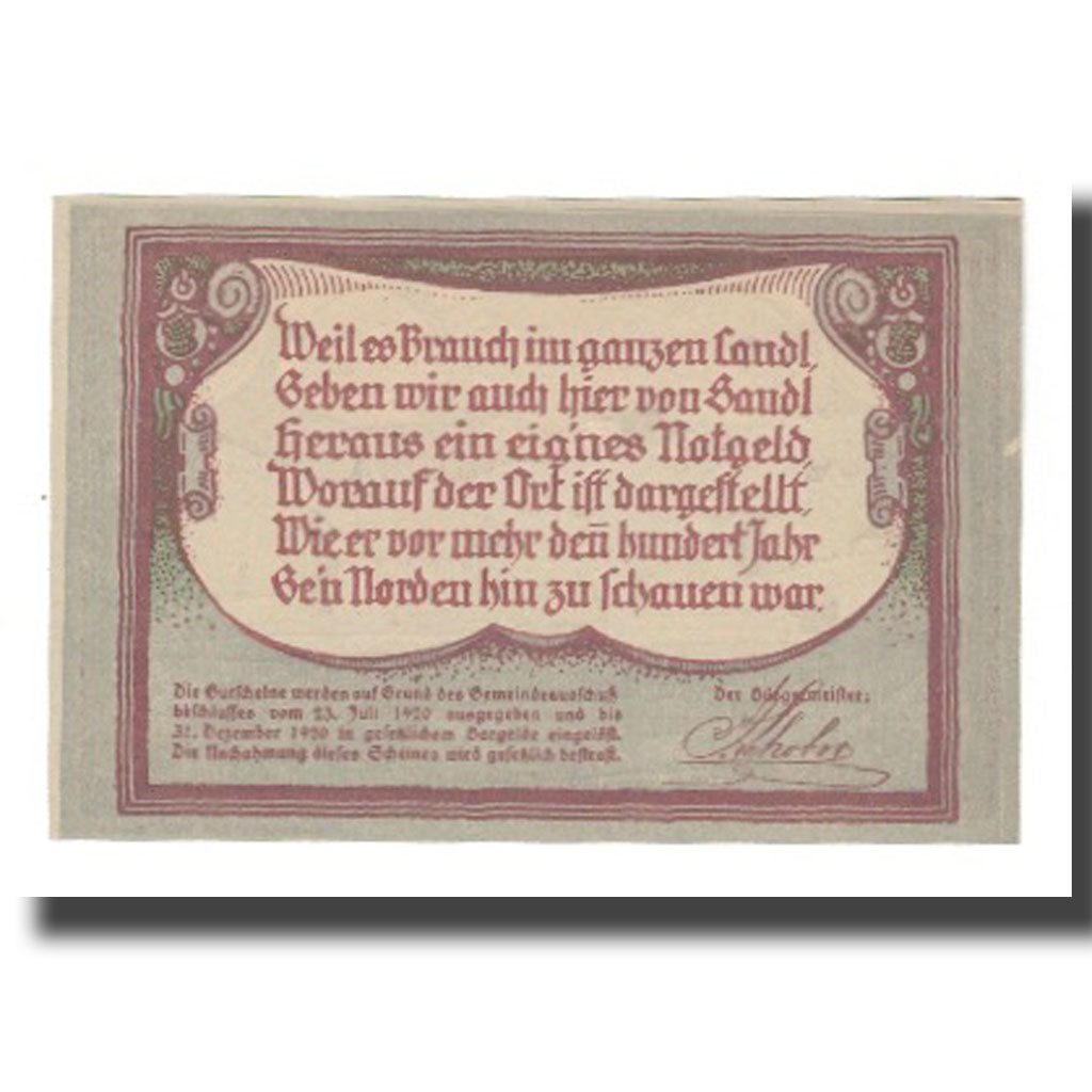 Banknote, Austria, Sandl O.Ö. Gemeinde, 90 Heller, paysage, 1920, 1920-12-31