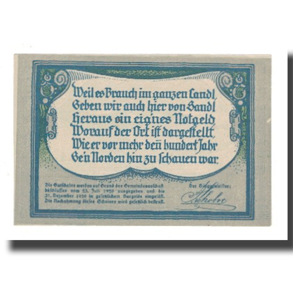 Banknote, Austria, Sandl O.Ö. Gemeinde, 90 Heller, paysage 1, 1920, 1920-12-31