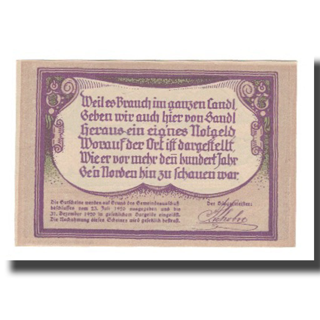 Banknote, Austria, Sandl O.Ö. Gemeinde, 90 Heller, paysage 2, 1920, 1920-12-31