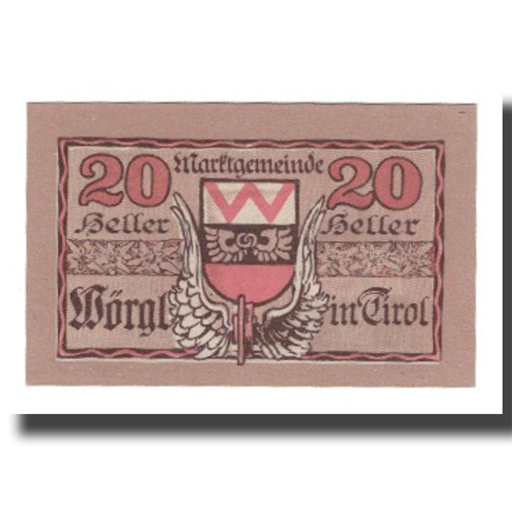 Geldschein, Österreich, Wörgl Tirol Marktgemeinde, 20 Heller, Blason 1, 1920