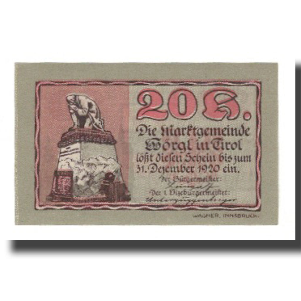 Banknote, Austria, Wörgl Tirol Marktgemeinde, 20 Heller, Blason 2, 1920