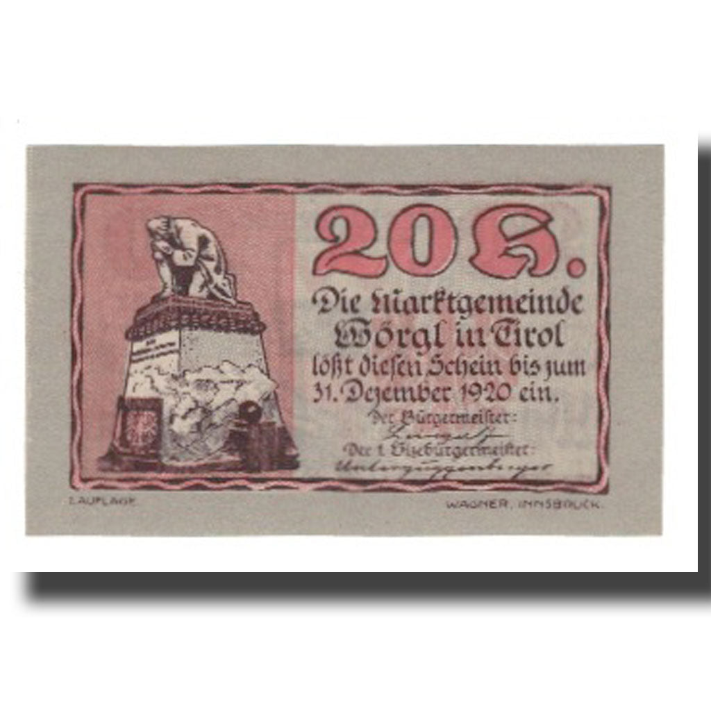 Banknote, Austria, Wörgl Tirol Marktgemeinde, 20 Heller, Blason 3, 1920