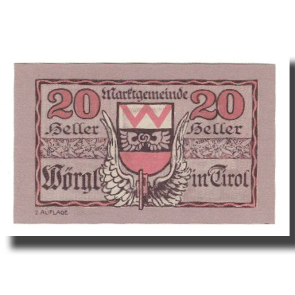 Banconote, Austria, Wörgl Tirol Marktgemeinde, 20 Heller, Blason 4, 1920
