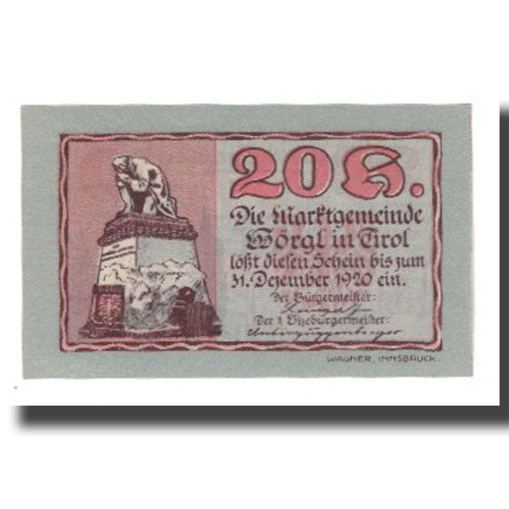 Geldschein, Österreich, Wörgl Tirol Marktgemeinde, 20 Heller, Blason 5, 1920