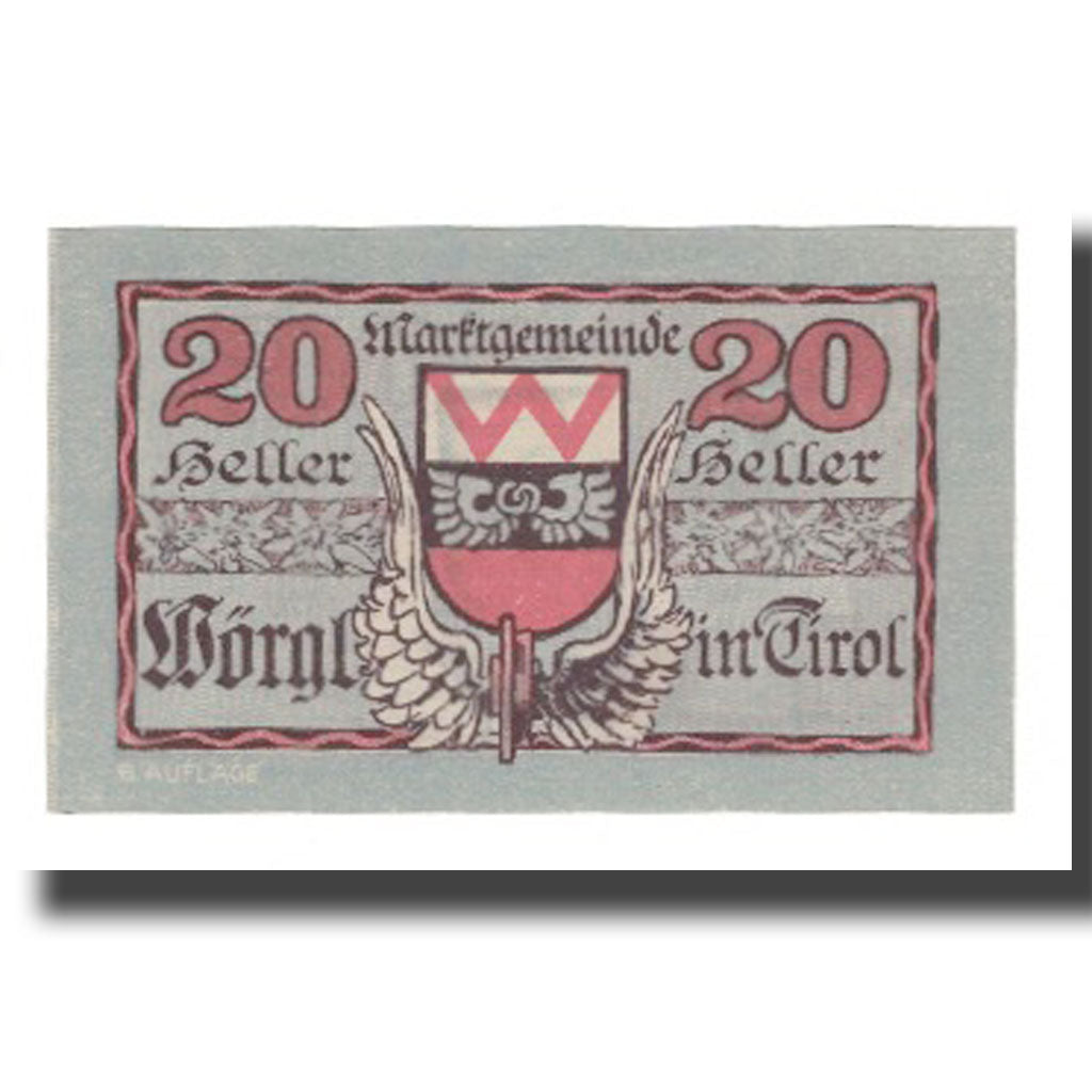 Geldschein, Österreich, Wörgl Tirol Marktgemeinde, 20 Heller, Blason 5, 1920