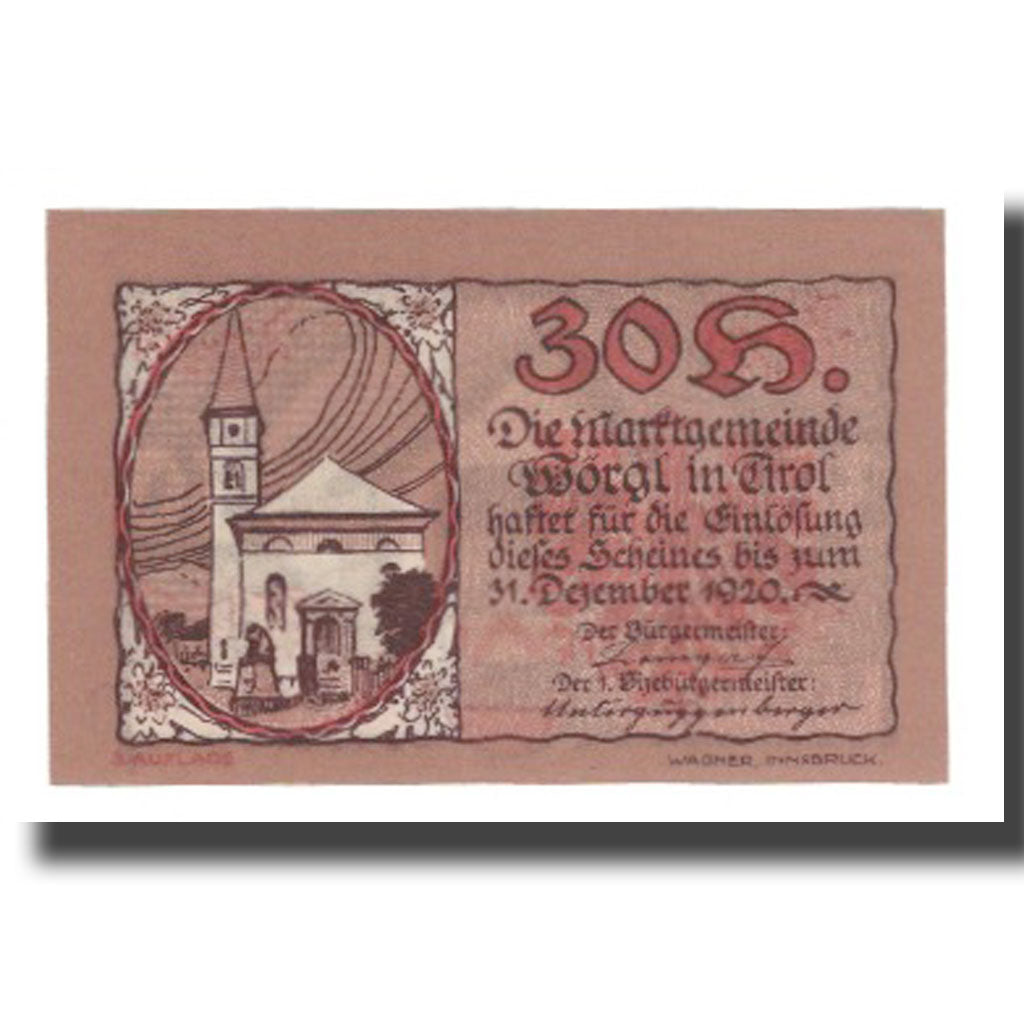 Banknote, Austria, Wörgl Tirol Marktgemeinde, 30 Heller, chapelle, 1920