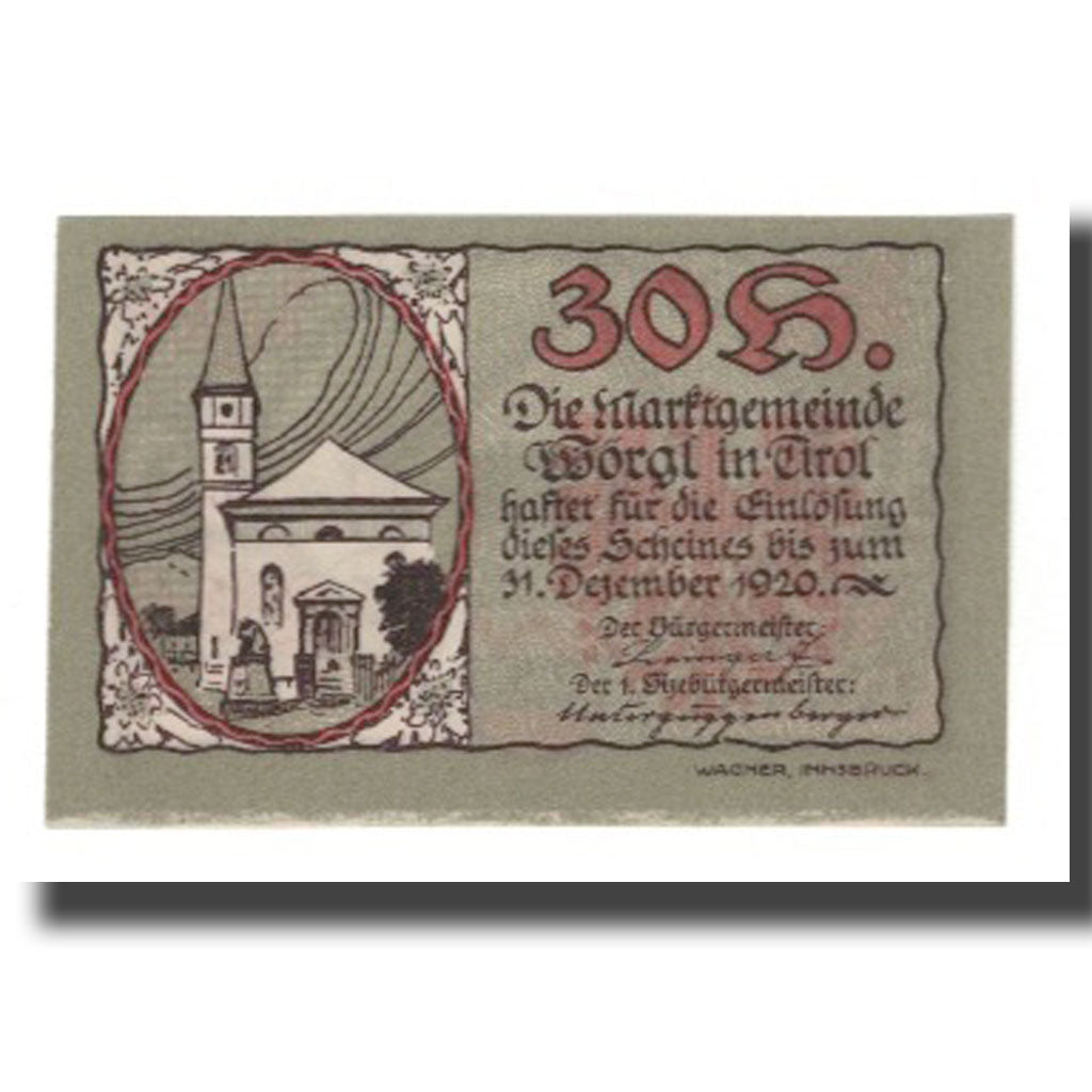 Banknote, Austria, Wörgl Tirol Marktgemeinde, 30 Heller, Chapelle 2, 1920