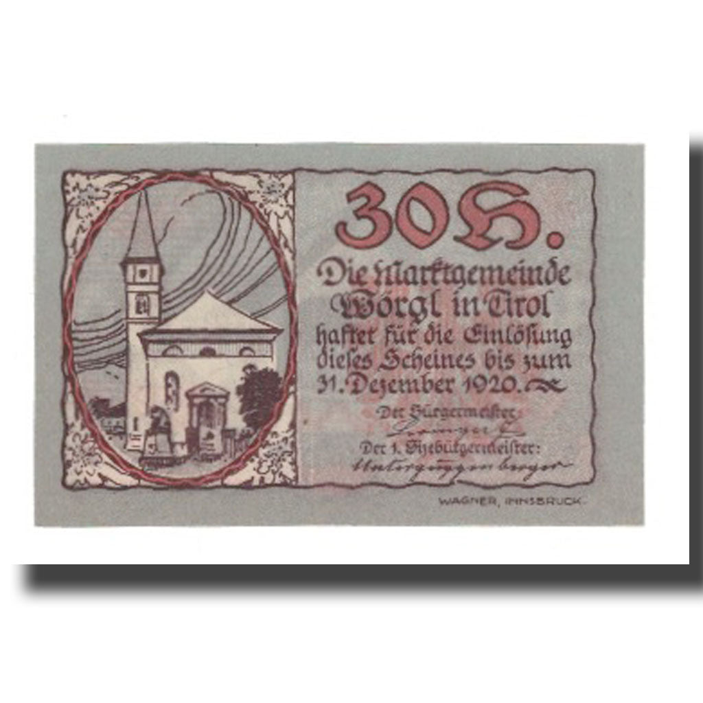 Banknote, Austria, Wörgl Tirol Marktgemeinde, 30 Heller, Chapelle 3, 1920