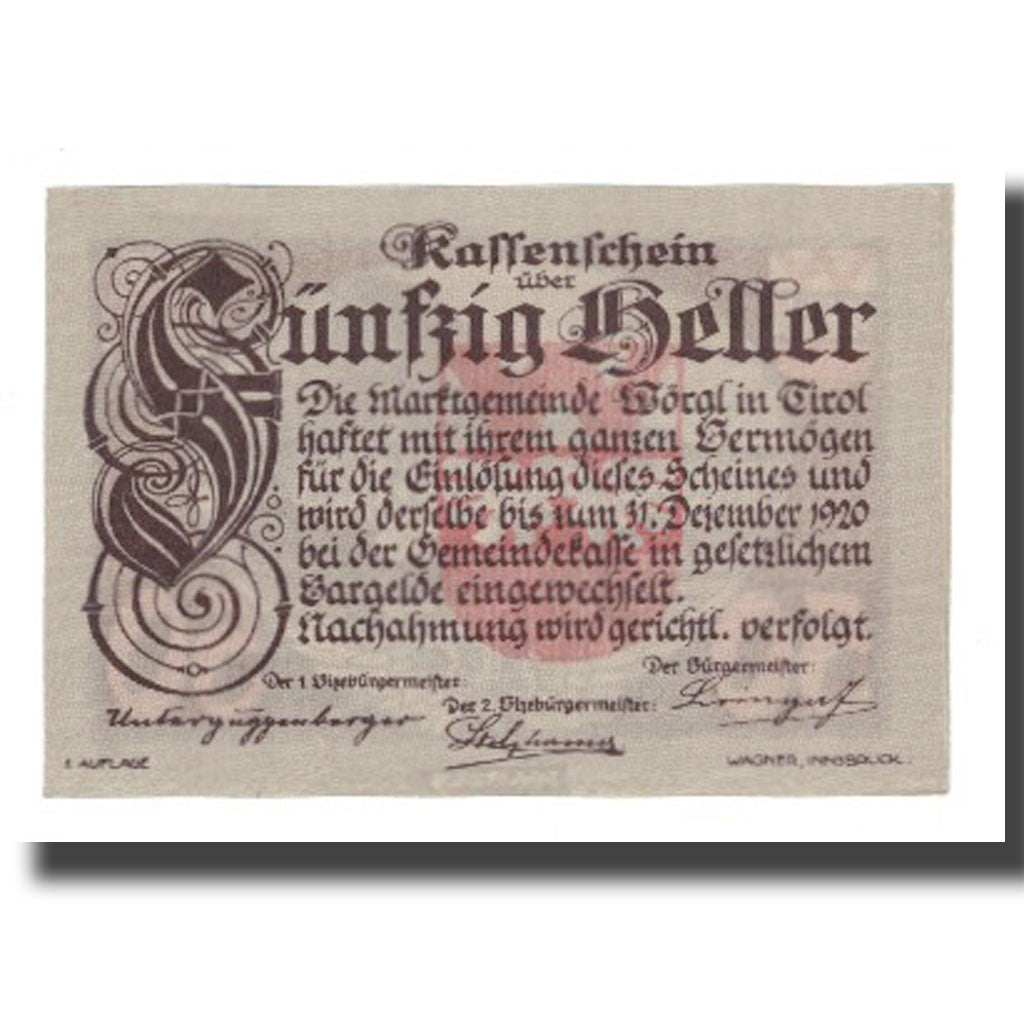Banknote, Austria, Wörgl Tirol Marktgemeinde, 50 Heller, paysage, 1920