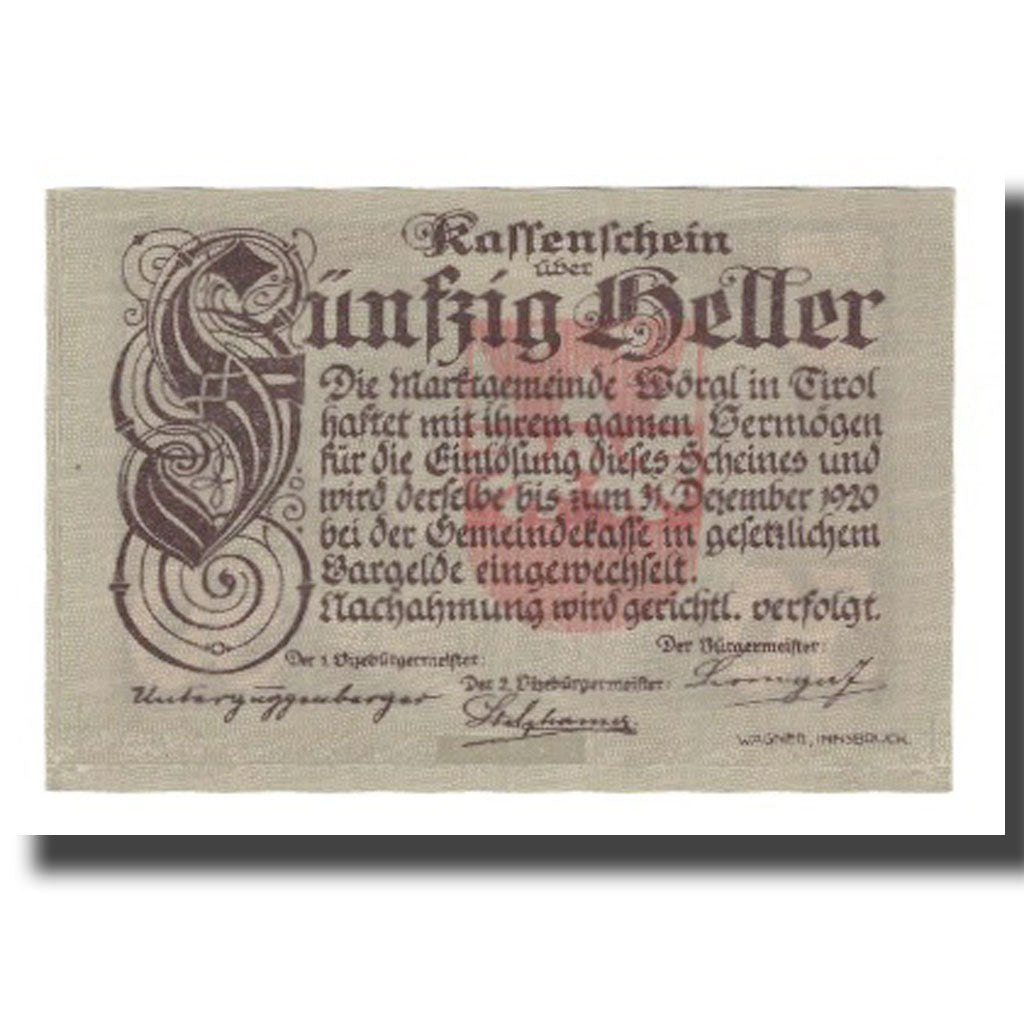 Banknote, Austria, Wörgl Tirol Marktgemeinde, 50 Heller, paysage 2, 1920