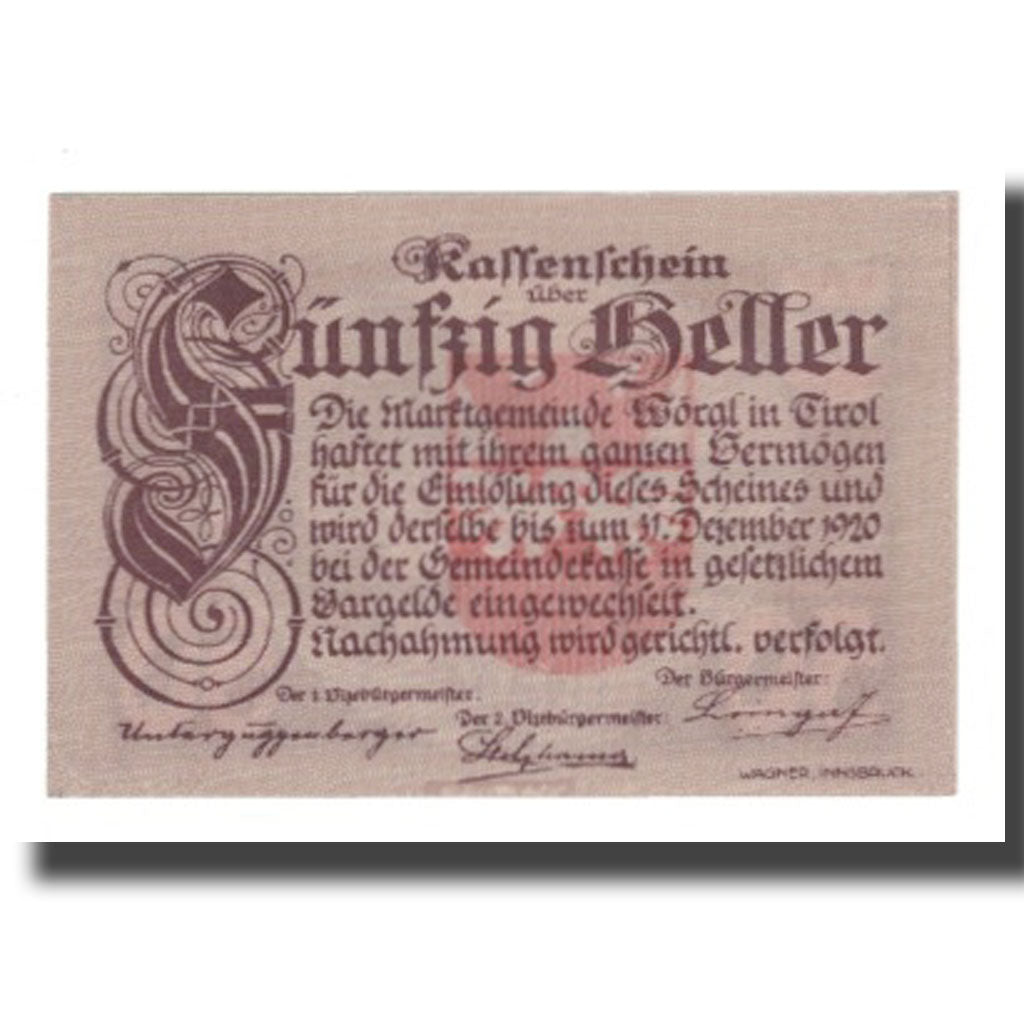 Banknote, Austria, Wörgl Tirol Marktgemeinde, 50 Heller, paysage 3, 1920