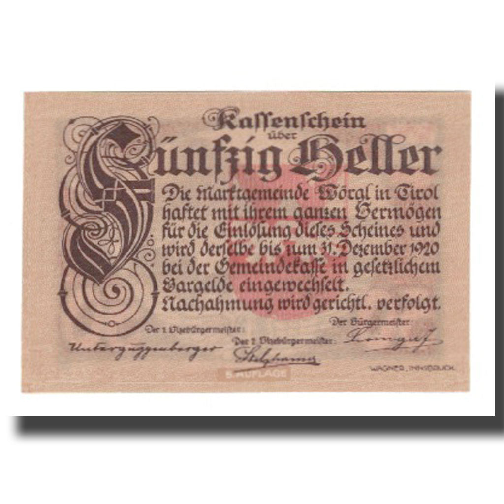 Banknote, Austria, Wörgl Tirol Marktgemeinde, 50 Heller, paysage 4, 1920