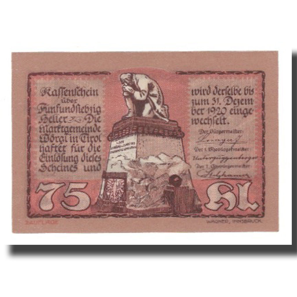 Banknote, Austria, Wörgl Tirol Marktgemeinde, 75 Heller, paysage, 1920