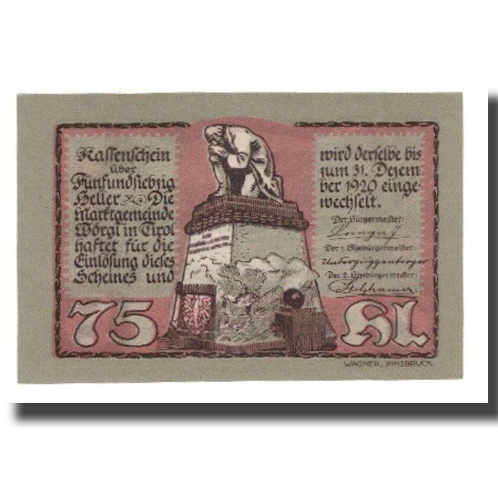 Banknote, Austria, Wörgl Tirol Marktgemeinde, 75 Heller, paysage 1, 1920