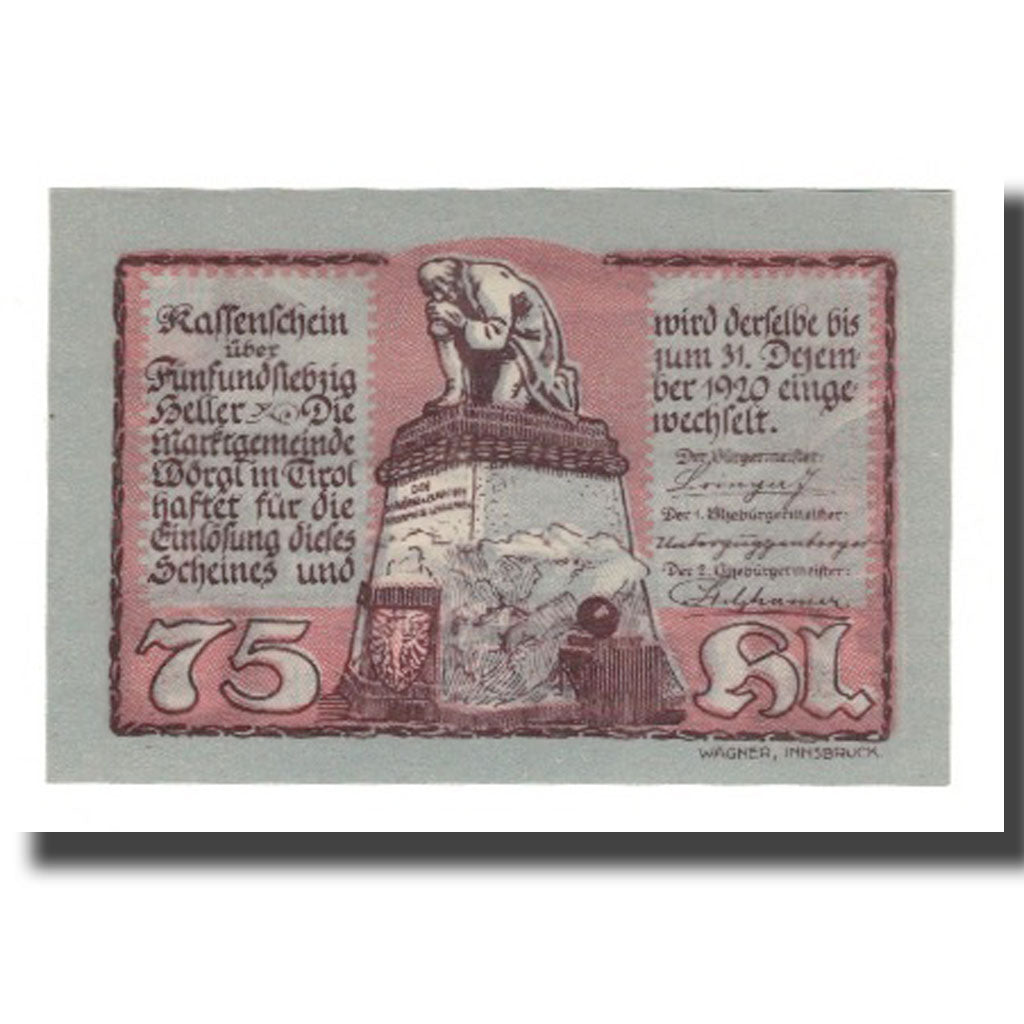 Banknote, Austria, Wörgl Tirol Marktgemeinde, 75 Heller, paysage 2, 1920