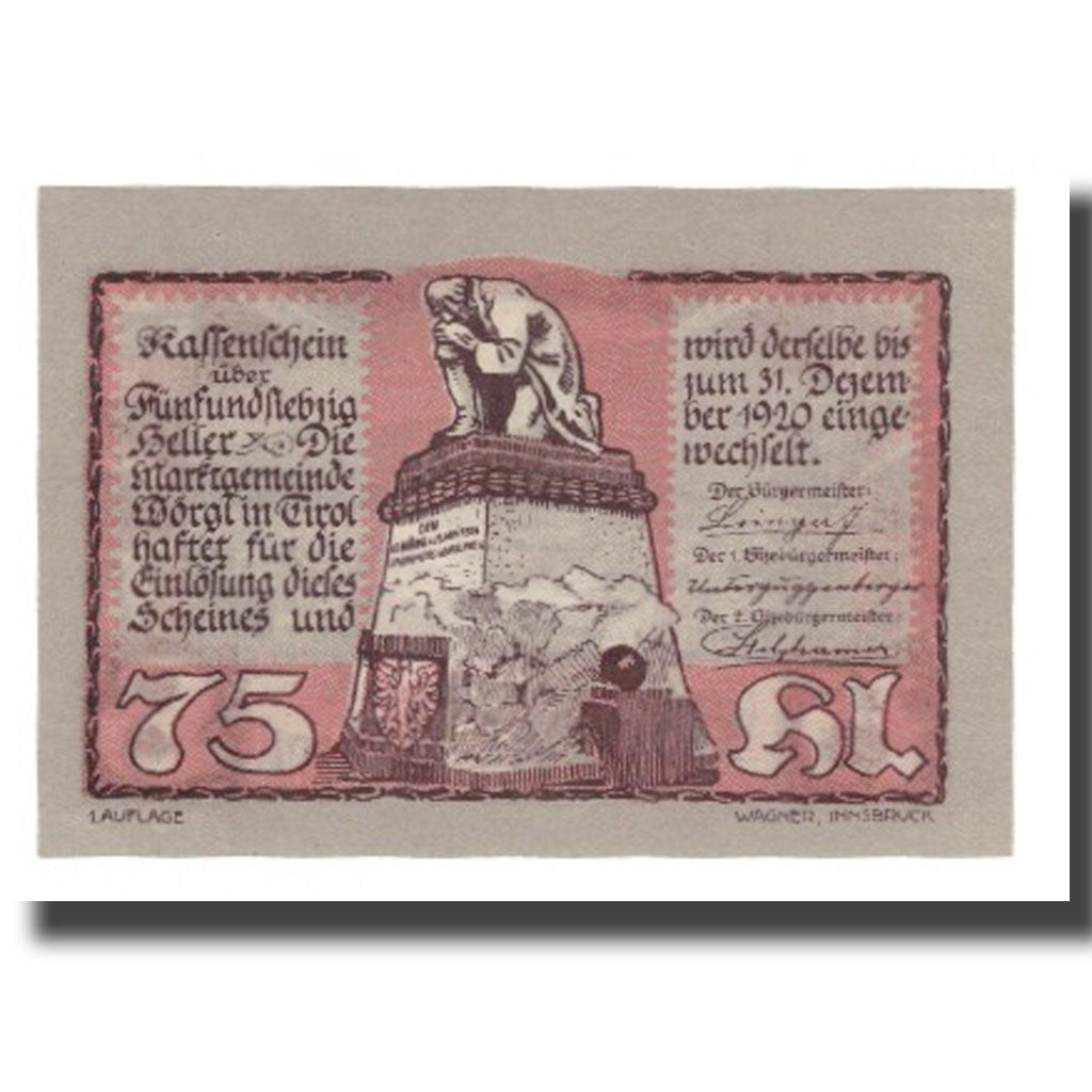 Banknote, Austria, Wörgl Tirol Marktgemeinde, 75 Heller, paysage 3, 1920