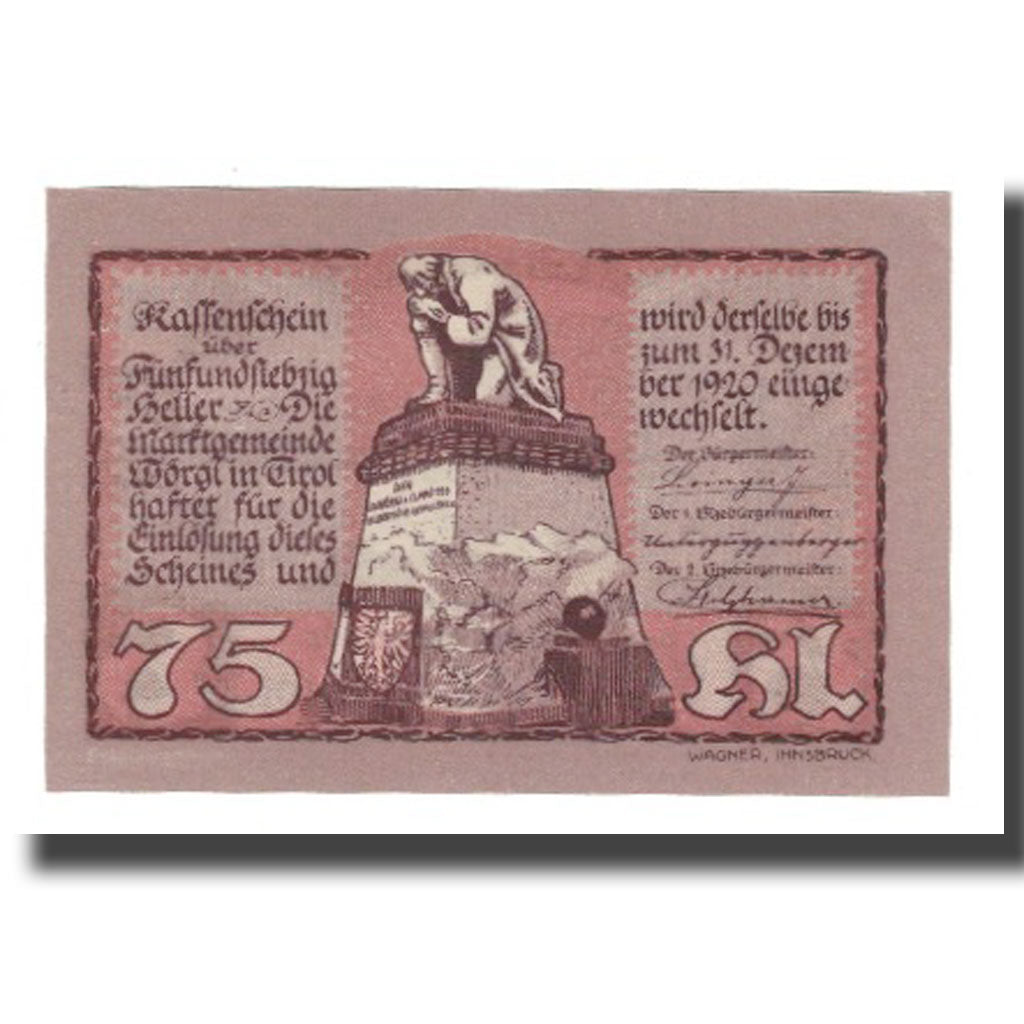 Banknote, Austria, Wörgl Tirol Marktgemeinde, 75 Heller, paysage 4, 1920