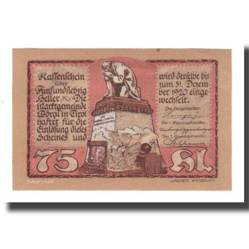 Banknote, Austria, Wörgl Tirol Marktgemeinde, 75 Heller, paysage 5, 1920
