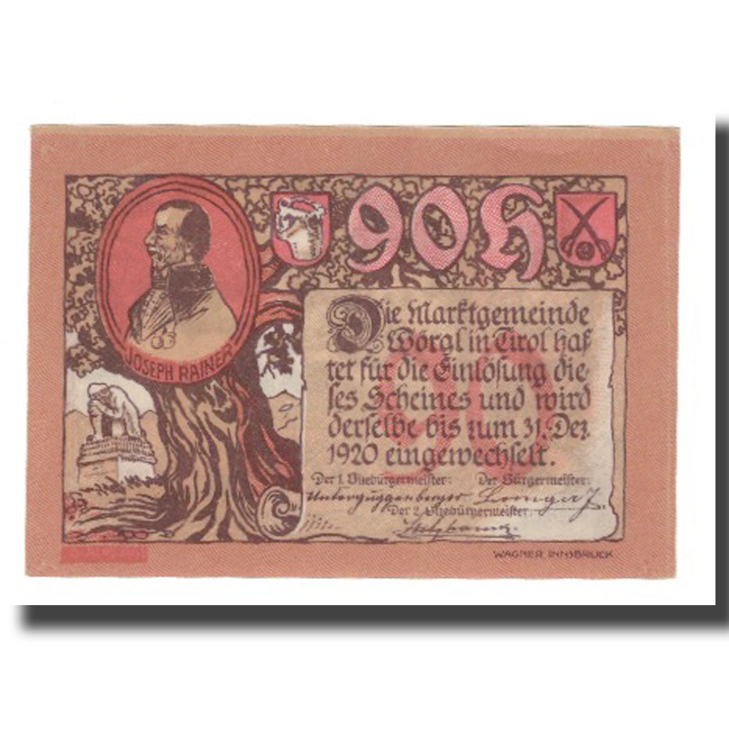 Banknote, Austria, Wörgl Tirol Marktgemeinde, 90 Heller, paysage, 1920