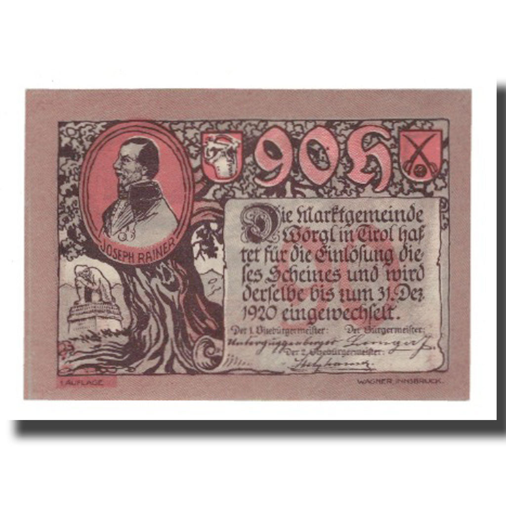 Billet, Autriche, Wörgl Tirol Marktgemeinde, 90 Heller, paysage 3, 1920