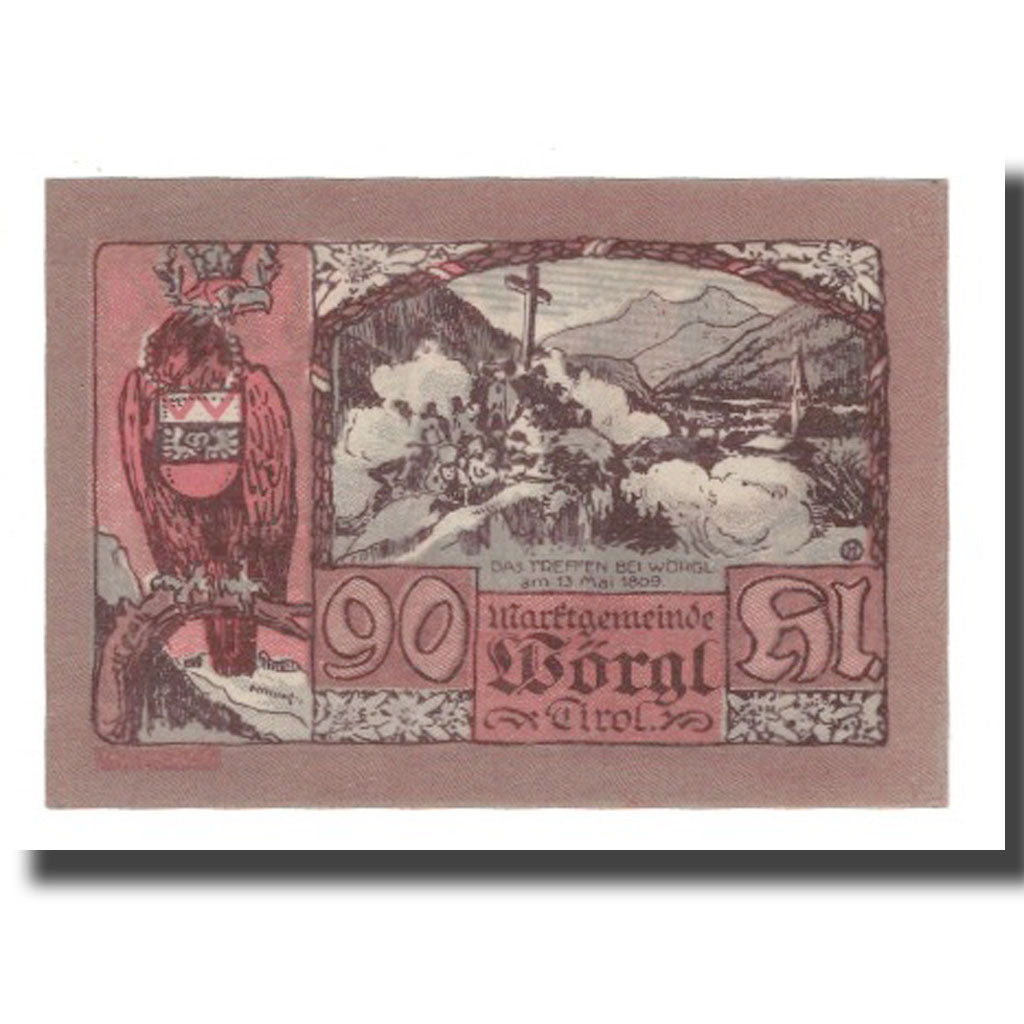 Billet, Autriche, Wörgl Tirol Marktgemeinde, 90 Heller, paysage 3, 1920