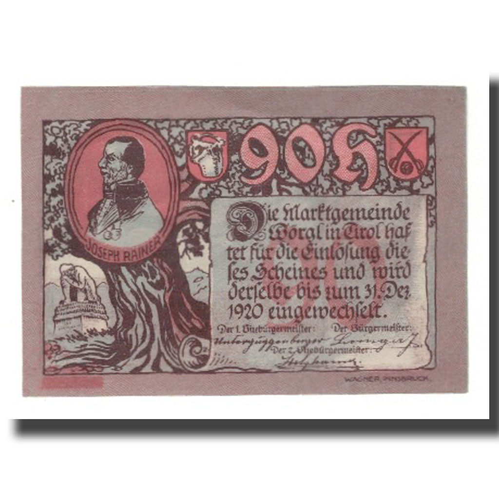 Banknote, Austria, Wörgl Tirol Marktgemeinde, 90 Heller, paysage 5, 1920