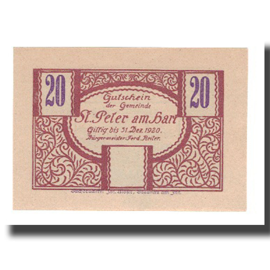 Biljet, Oostenrijk, St. Peter am Hart O.Ö. Gemeinde, 20 Heller, paysage, 1920