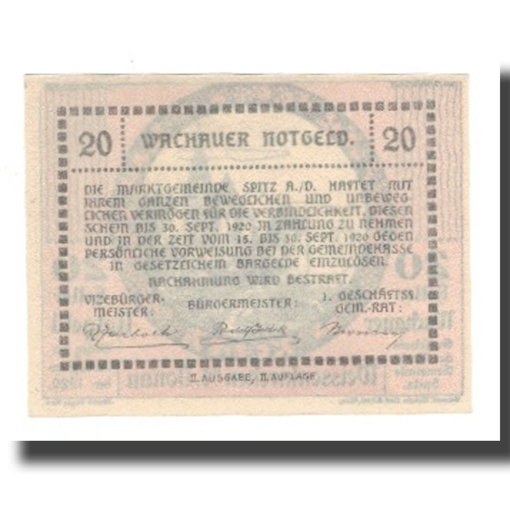 Billet, Autriche, Wachauer Notgeld Weißenkirchen Gemeinde, 20 Heller, Texte