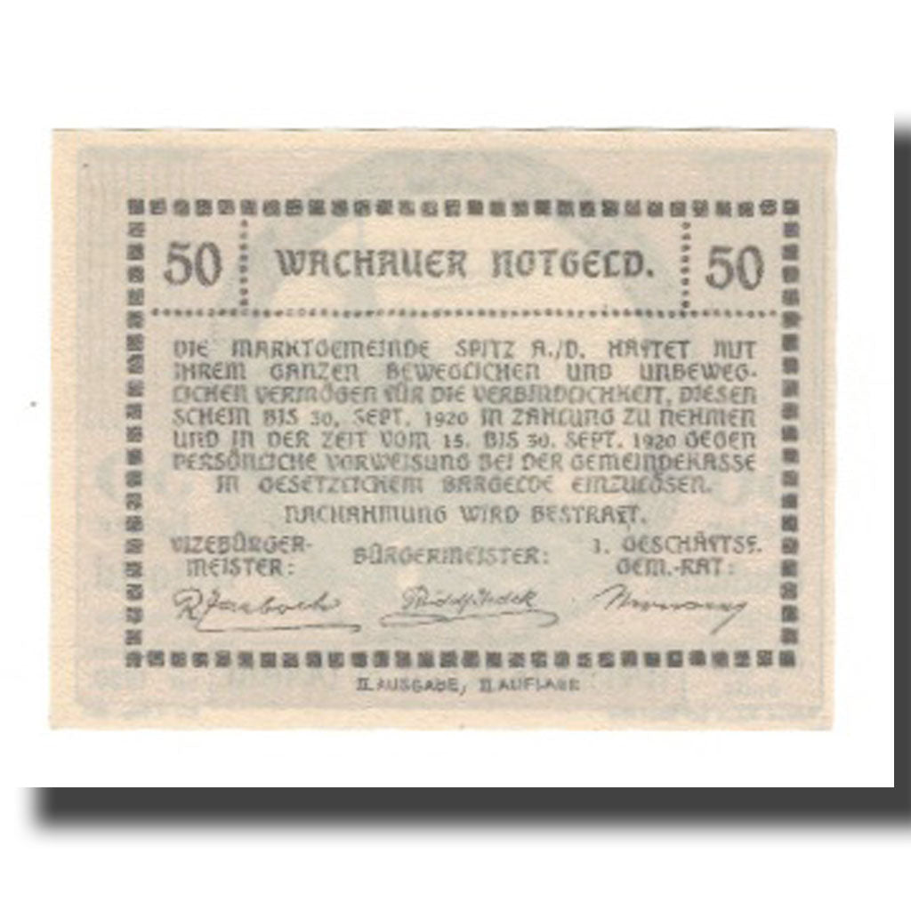 Billet, Autriche, Wachauer Notgeld Weißenkirchen Gemeinde, 50 Heller, Texte