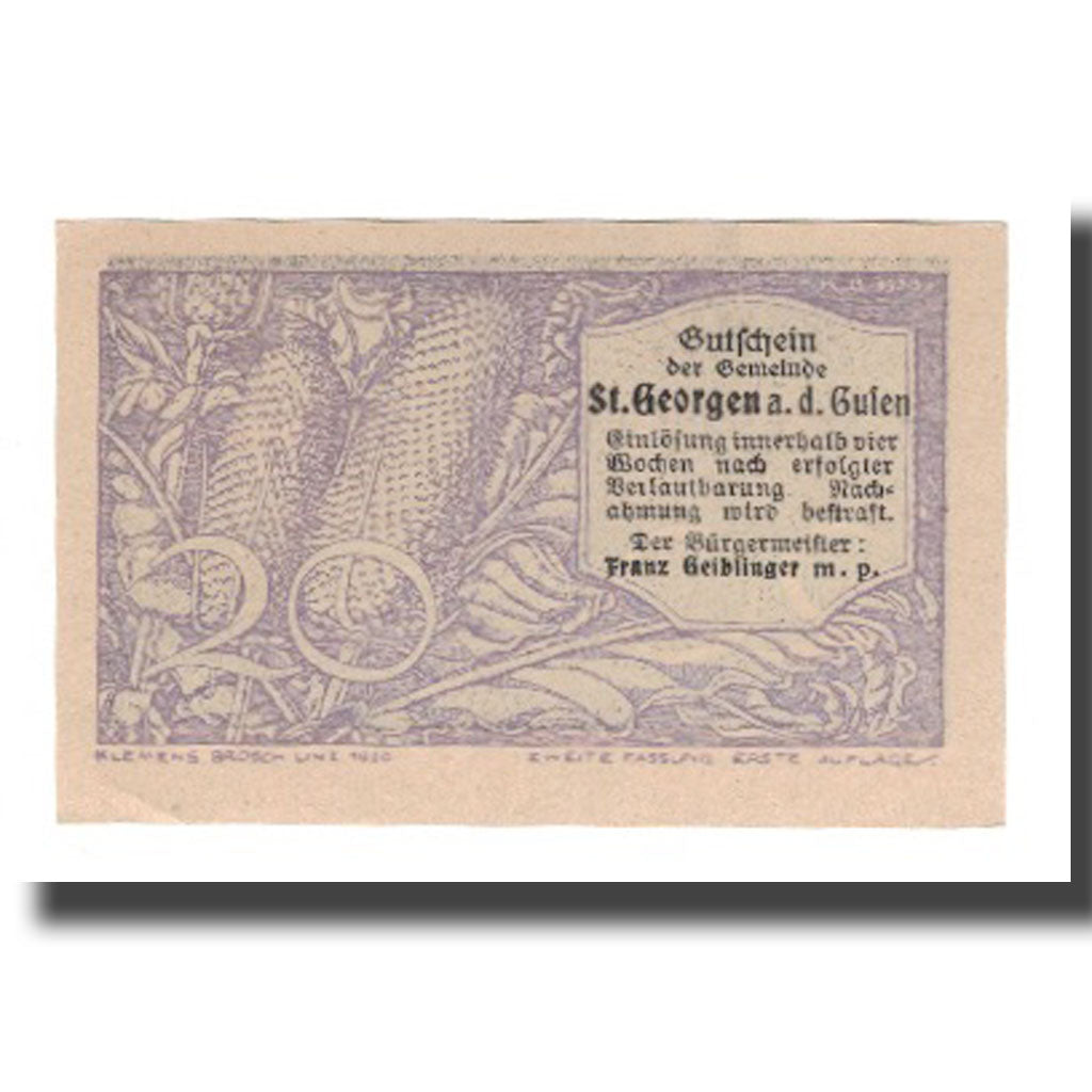 Biljet, Oostenrijk, St. Georgen an der Gusen O.Ö. Gemeinde, 20 Heller, Texte