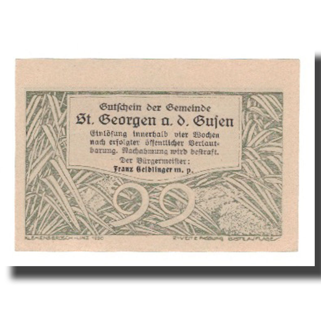 Biljet, Oostenrijk, St. Georgen an der Gusen O.Ö. Gemeinde, 99 Heller, Texte